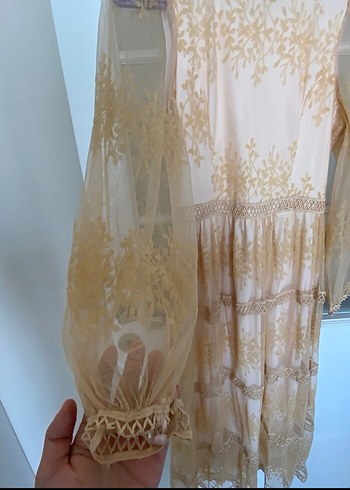 Bej Nakışlı Uzun Bohem Elbise - Görsel 3