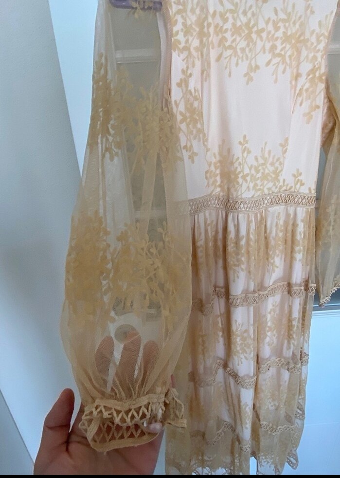 Bej Nakışlı Uzun Bohem Elbise - Görsel 3