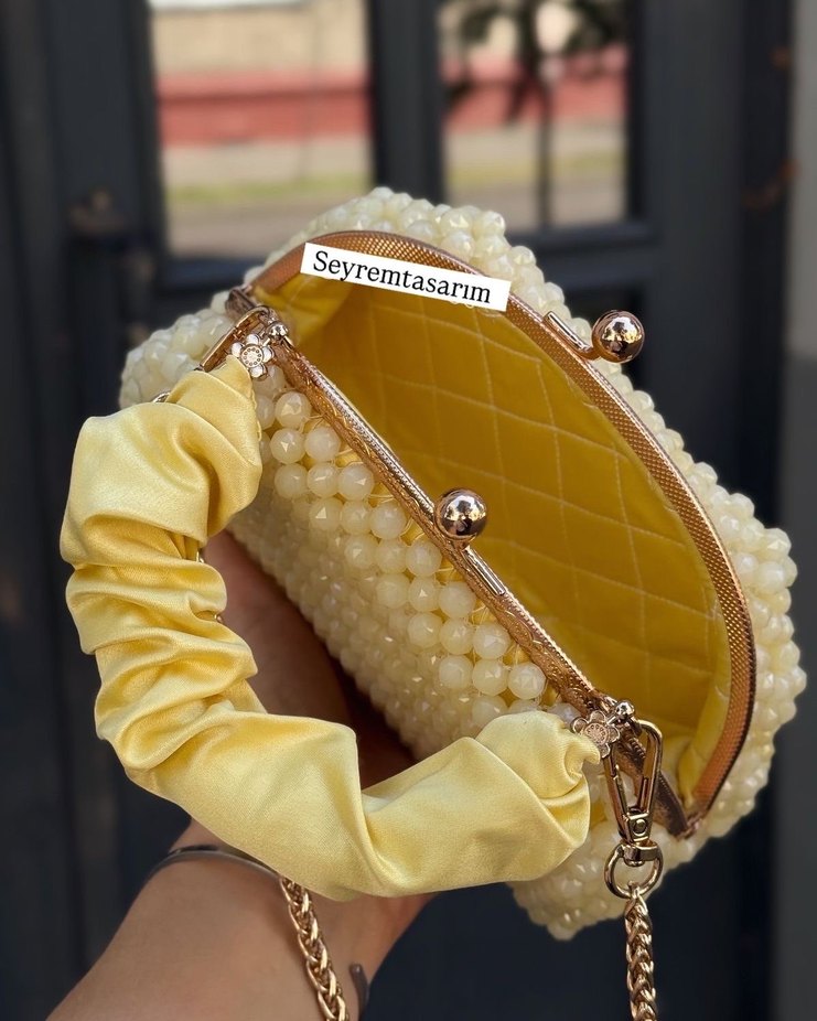 Boncuk İşlemeli Sarı Bohem Kadın Çanta - Görsel 2