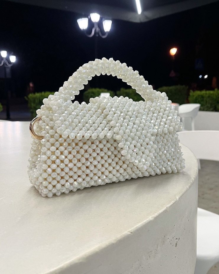 Beyaz Boncuklu Örgü Kadın Çanta - Görsel 3