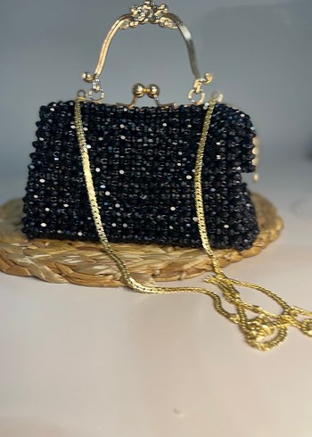 İnci İşlemeli Siyah Örgü Kadın Çanta - Görsel 4