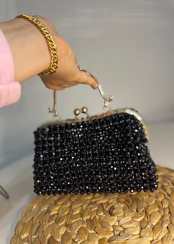 İnci İşlemeli Siyah Örgü Kadın Çanta - Görsel 3