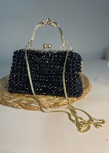 İnci İşlemeli Siyah Örgü Kadın Çanta - Görsel 5