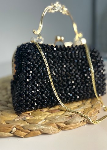 İnci İşlemeli Siyah Örgü Kadın Çanta - Görsel 6