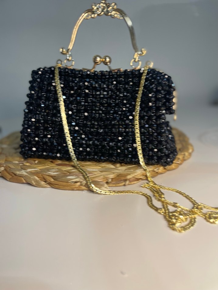 İnci İşlemeli Siyah Örgü Kadın Çanta - Görsel 4