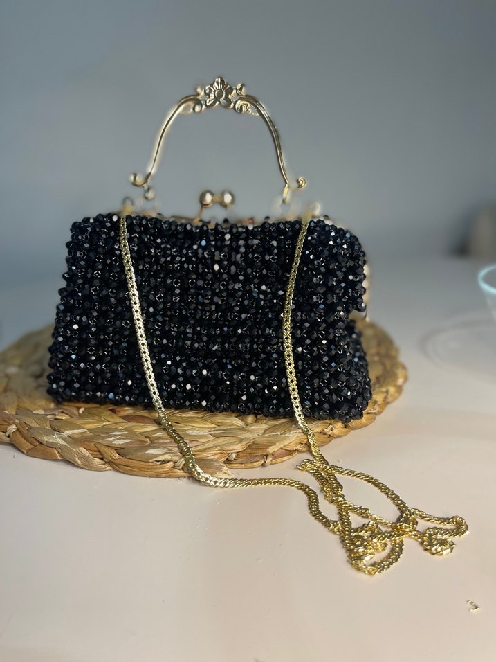 İnci İşlemeli Siyah Örgü Kadın Çanta - Görsel 5