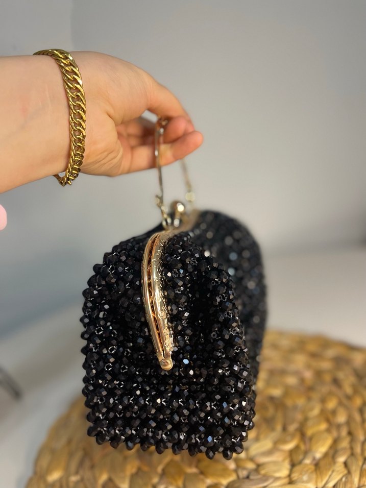 İnci İşlemeli Siyah Örgü Kadın Çanta - Görsel 2