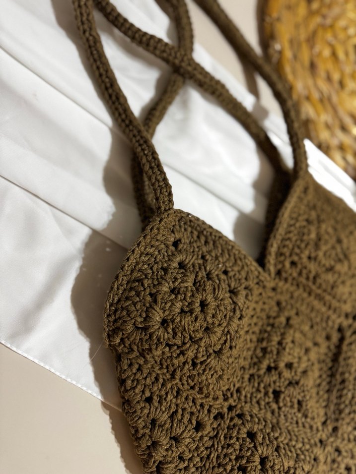 Kahverengi Örgü Bohem Kadın Çanta - Görsel 3
