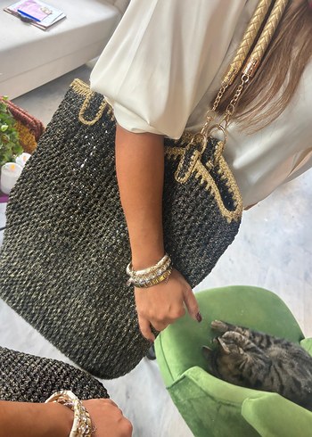 Gold deri ve sim detay askılı çanta  - Görsel 3