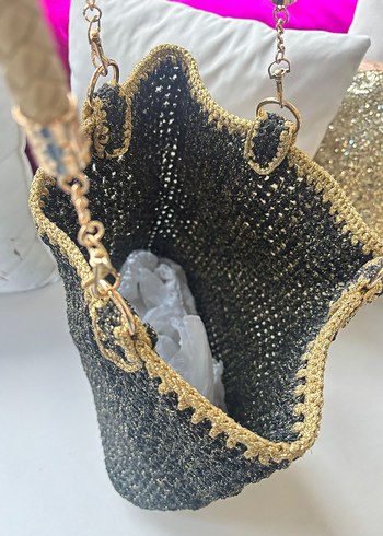 Gold deri ve sim detay askılı çanta  - Görsel 4