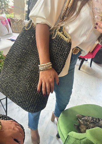 Gold deri ve sim detay askılı çanta  - Görsel 7