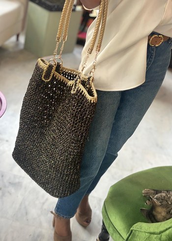 Gold deri ve sim detay askılı çanta  - Görsel 2