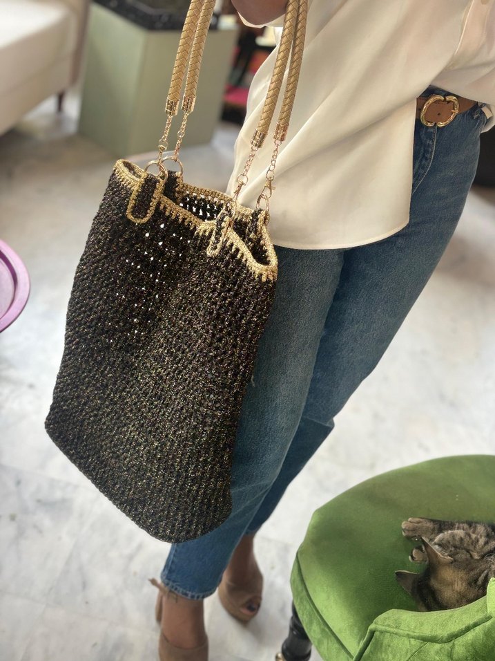 Gold deri ve sim detay askılı çanta  - Görsel 2