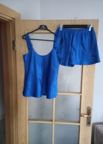 Parlak Mavi Mini Saten Pijama Takımı - Görsel 7