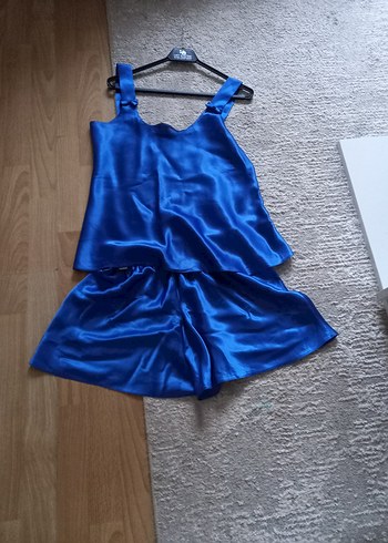 Parlak Mavi Mini Saten Pijama Takımı - Görsel 6