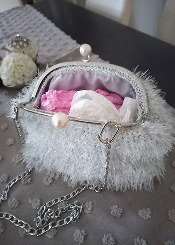 beyaz sakallı ip inci detay gece çantası - Görsel 12