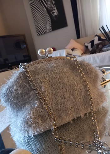 beyaz sakallı ip inci detay gece çantası - Görsel 5