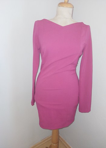 Pembe V Yaka Uzun Kollu Kalem Elbise - Görsel 3