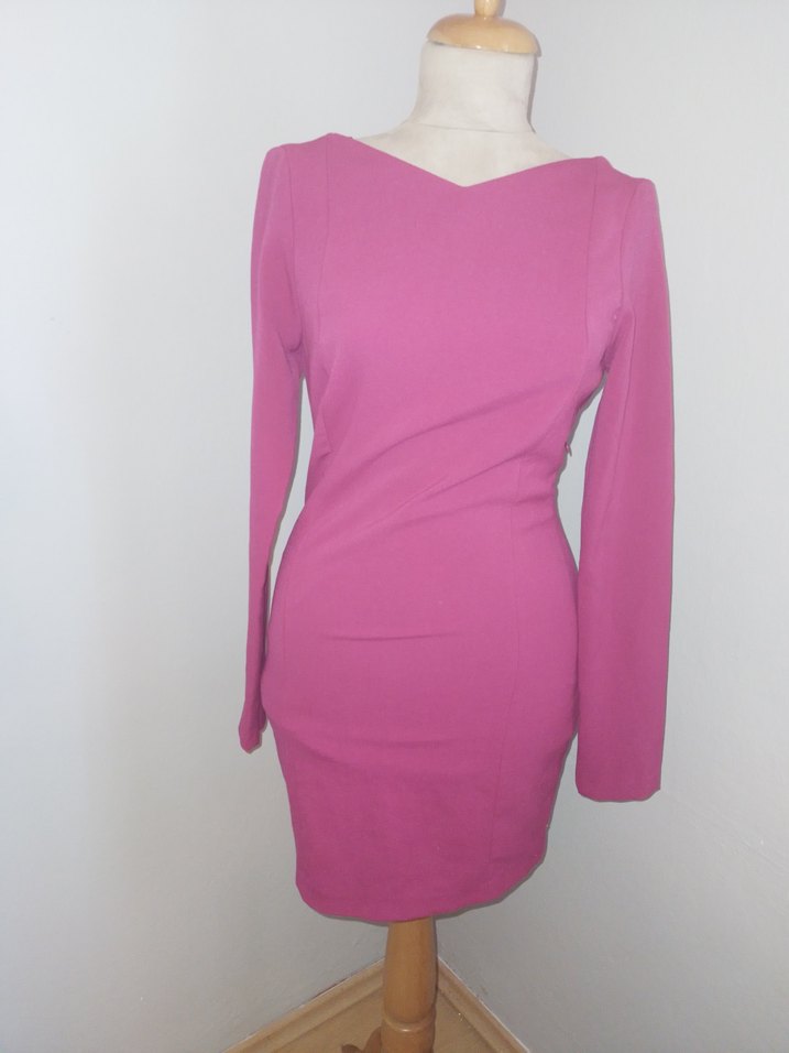 Pembe V Yaka Uzun Kollu Kalem Elbise - Görsel 3