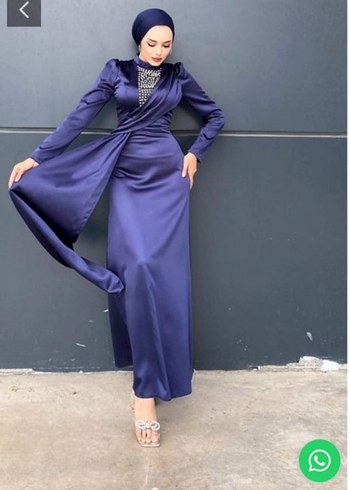 Uzun Kollu lacivert Drapeli Abiye Elbise - Görsel 2