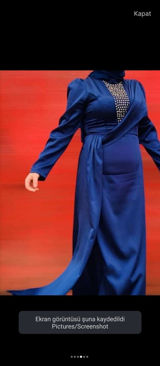 Uzun Kollu lacivert Drapeli Abiye Elbise - Görsel 4