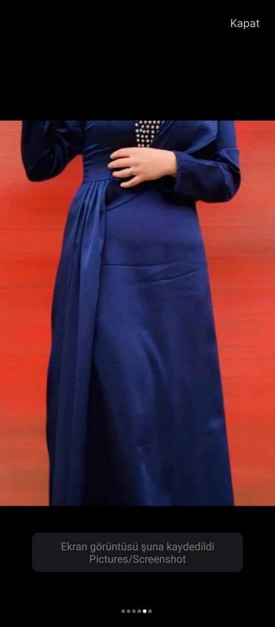 Uzun Kollu lacivert Drapeli Abiye Elbise - Görsel 5