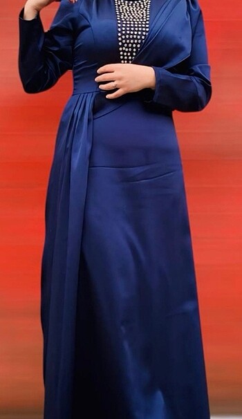 Saten lacivert abiye - Görsel 5