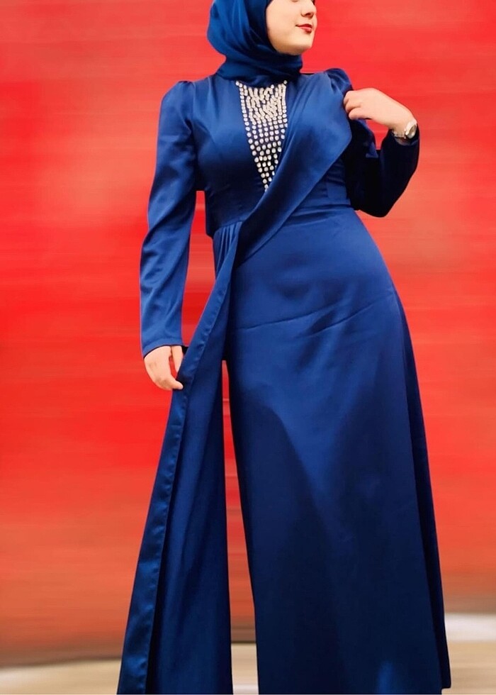 Saten lacivert abiye - Görsel 3