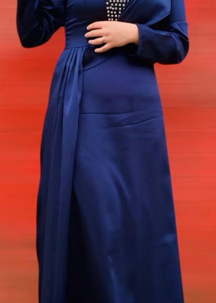 Saten lacivert abiye - Görsel 5