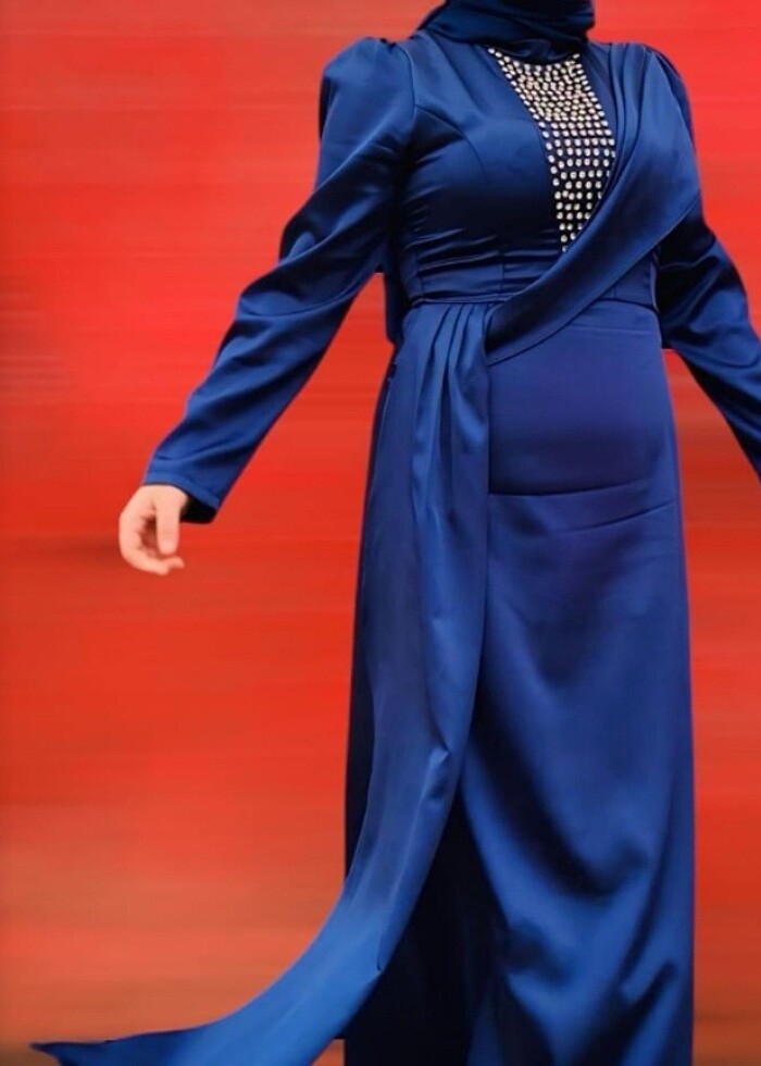 Saten lacivert abiye - Görsel 4