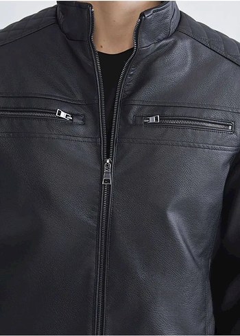Erkek Siyah Deri Biker Ceket - Görsel 3