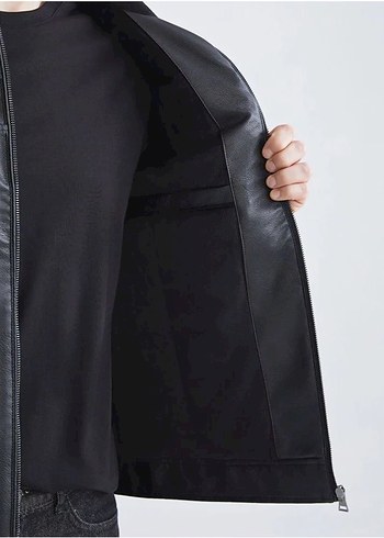 Erkek Siyah Deri Biker Ceket - Görsel 2