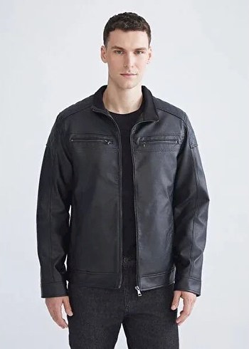Erkek Siyah Deri Biker Ceket - Görsel 5