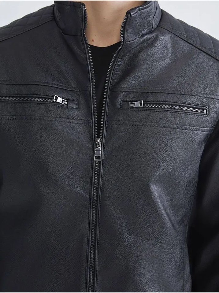 Erkek Siyah Deri Biker Ceket - Görsel 3