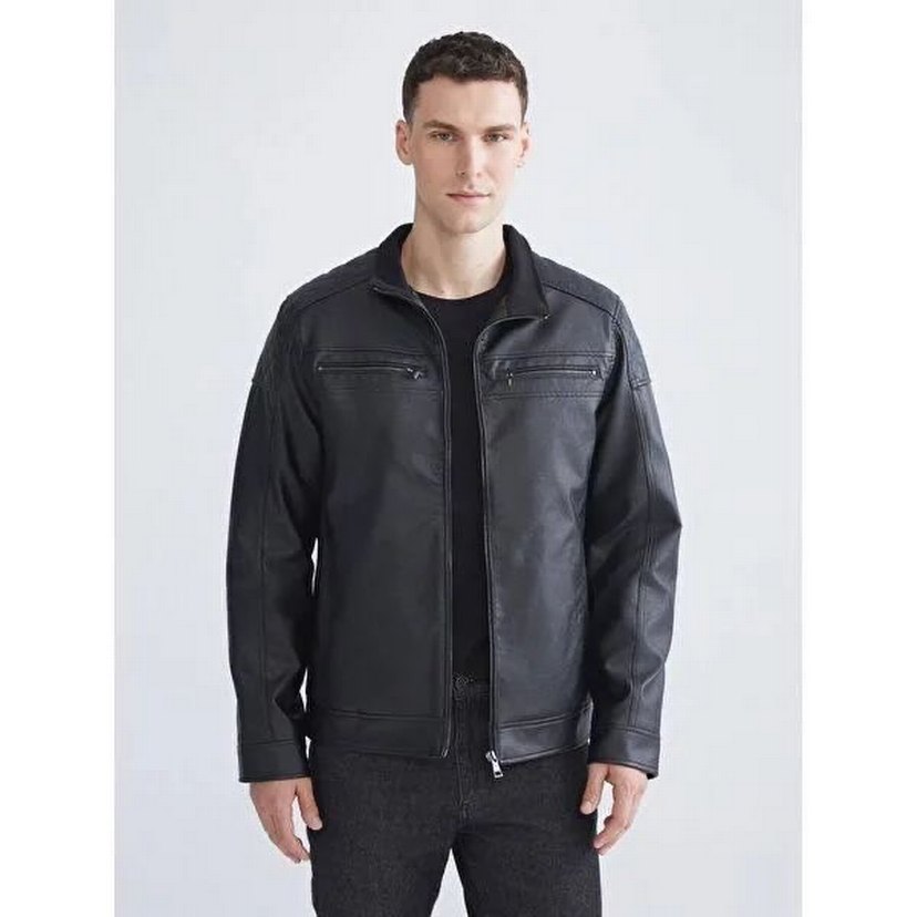 Erkek Siyah Deri Biker Ceket - Görsel 5