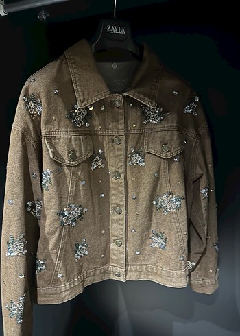 Nakışlı Kahverengi Kadın Denim Ceket - Görsel 4