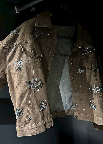 Nakışlı Kahverengi Kadın Denim Ceket - Görsel 3