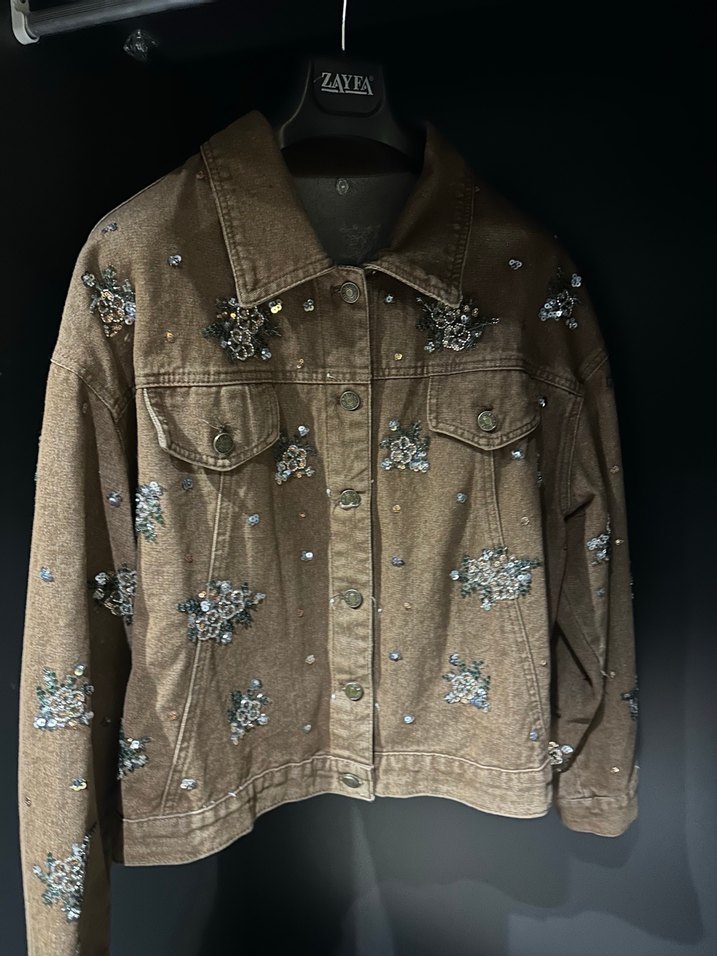 Nakışlı Kahverengi Kadın Denim Ceket - Görsel 4