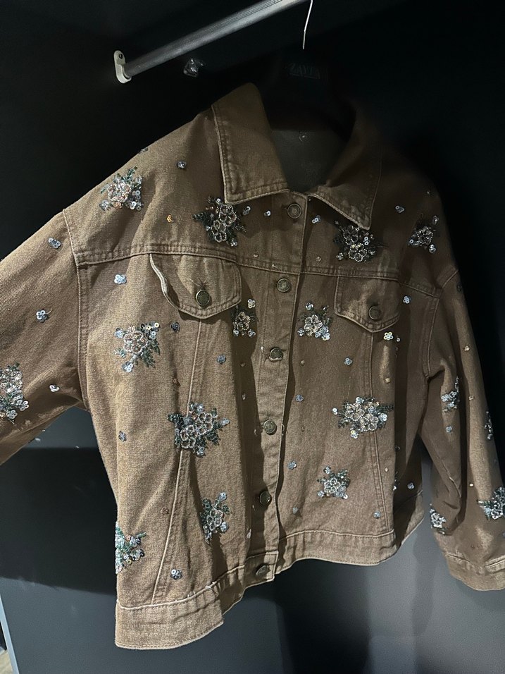 Nakışlı Kahverengi Kadın Denim Ceket - Görsel 2