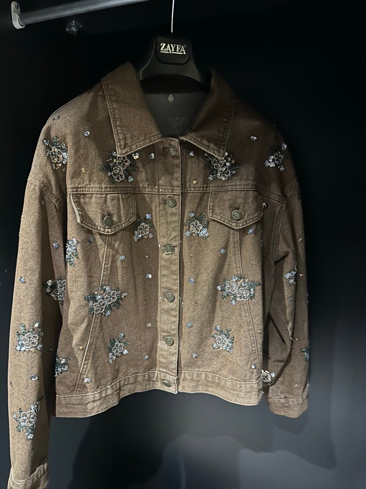 Nakışlı Kahverengi Kadın Denim Ceket - Görsel 5