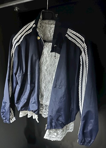 Dantel Detaylı Gri Mavi Midi Ceket - Görsel 2