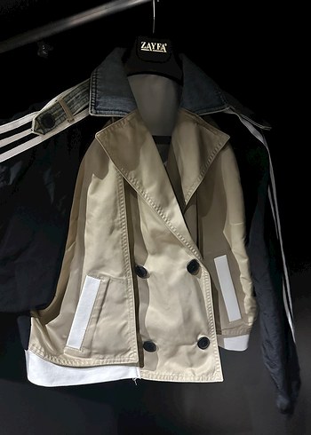 Kemerli, Kısa Kesim, Bej-Siyah Kadın Ceket - Görsel 4