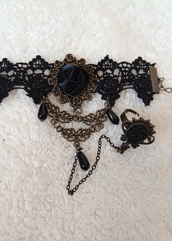 Diğer Zincir Detaylı Siyah Gotik yüzüklü bileklik