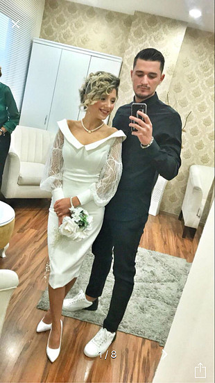 s Beden Çok kibar beyaz dantel elbise.