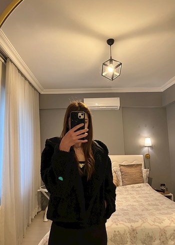 xs Beden Siyah Kapüşonlu Peluş Kadın Ceket