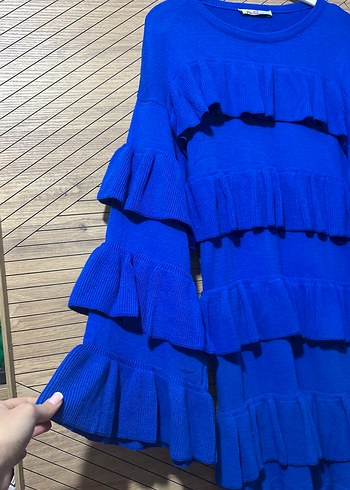 Mavi Fırfırlı Uzun Triko Elbise - Görsel 2