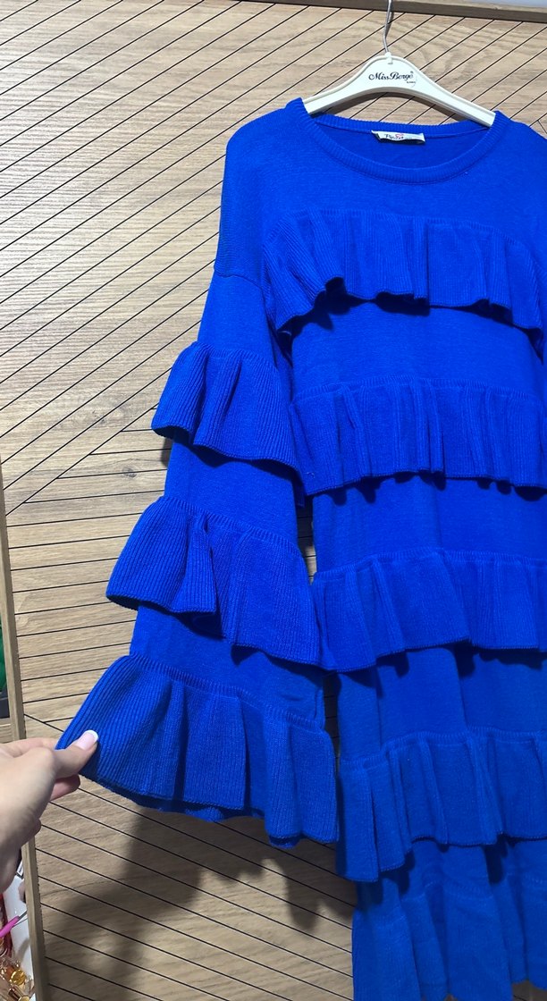 Mavi Fırfırlı Uzun Triko Elbise - Görsel 2