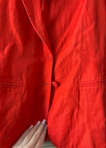 Düğmeli Kırmızı Keten Kadın Blazer Ceket - Görsel 2