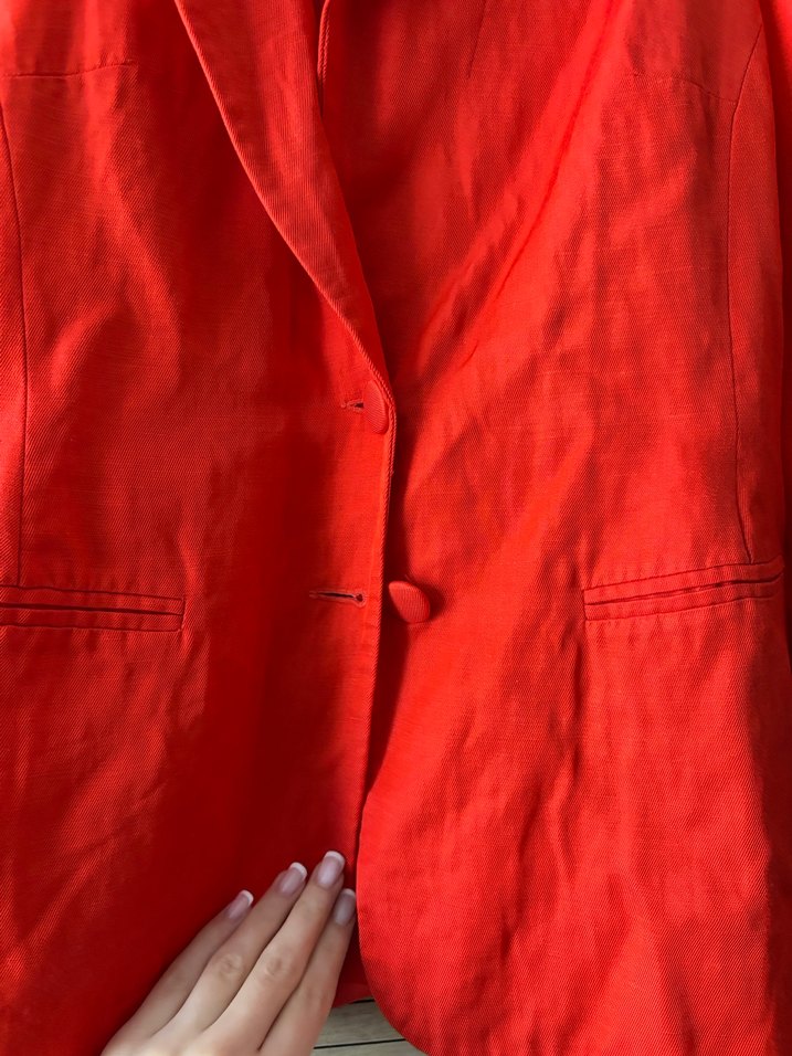 Düğmeli Kırmızı Keten Kadın Blazer Ceket - Görsel 2