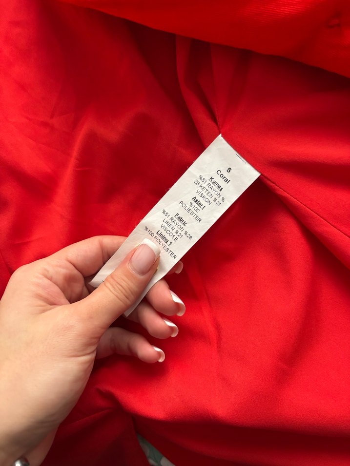 Düğmeli Kırmızı Keten Kadın Blazer Ceket - Görsel 4